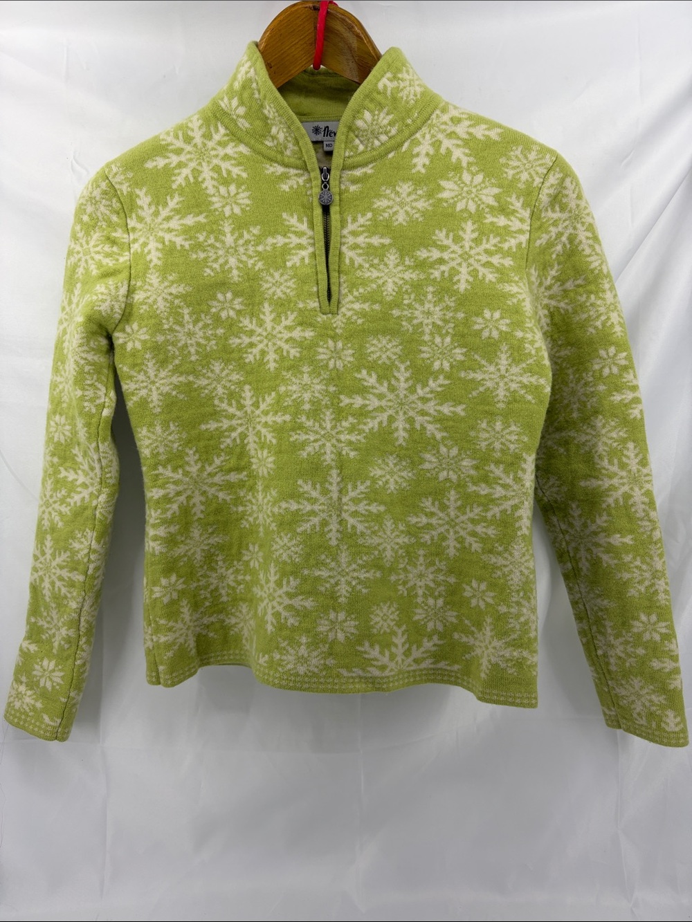 Neve Ski Snowflake Nordic Wool Quarter-zip Mock Neck Lime Sweater, Womens sz M